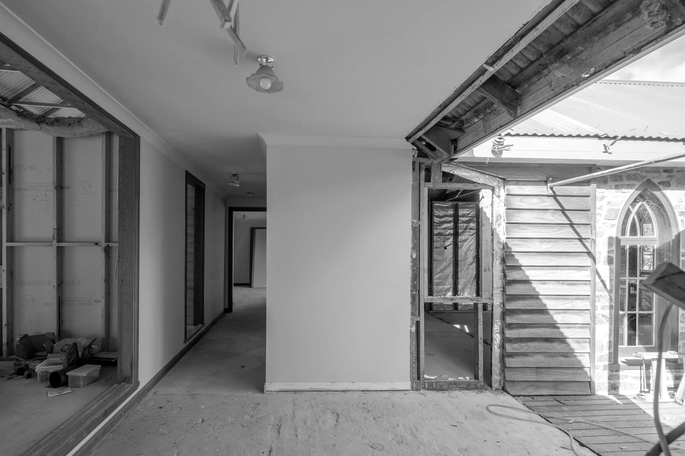 Plasterboard up and set, cornices in, looking through to the deck, Relbia