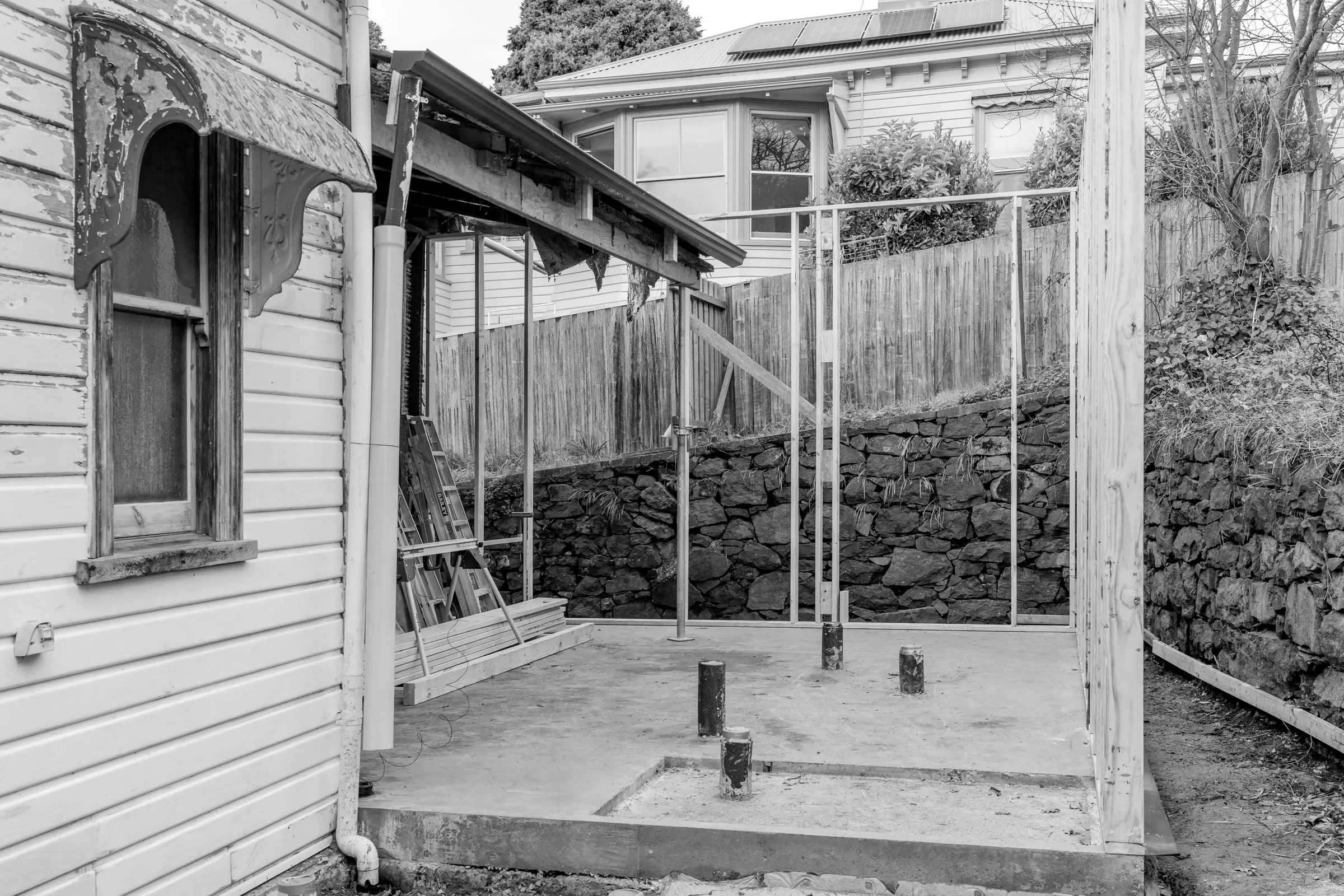 The slab and frame seen from beside the existing cottage, Trevallyn